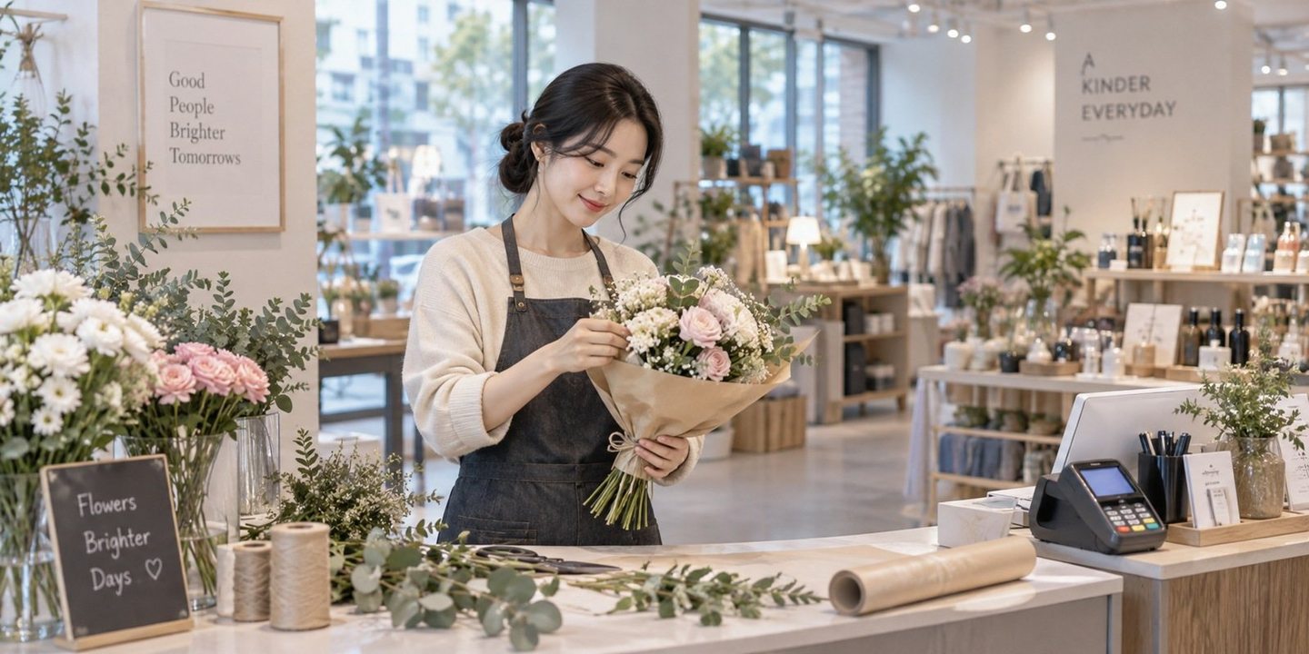 꽃이 놓인 매장 계산대에서 결제를 준비하는 운영자 — PG 온라인 쇼핑몰 카드결제 빌더 몰빌더 몰, 사장님 화면을 놓고 대신 붙여 드립니다.