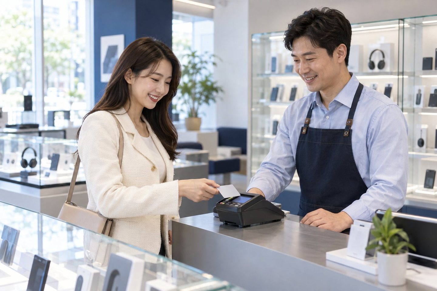 카운터에서 직원과 고객이 단말기를 확인하는 장면 — PG 온라인 쇼핑몰 카드결제 결제창결제창, 안 열리는 까닭을 찾아 대신 띄워 드립니다.