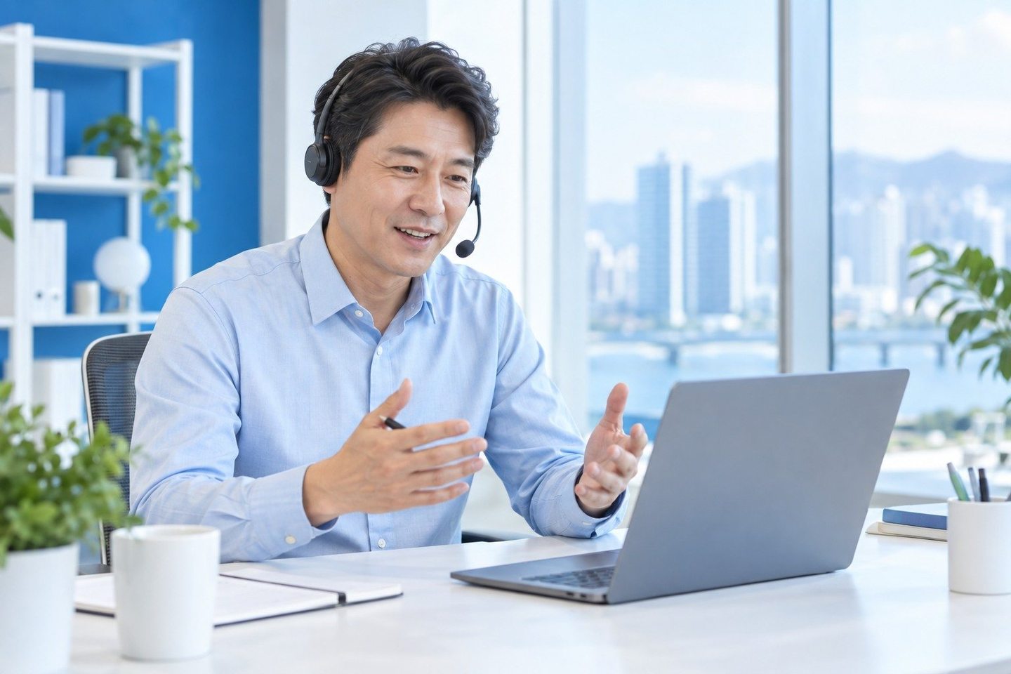 결제 기기가 놓인 테이블에서 상담하는 남성 — PG 온라인 쇼핑몰 카드결제 개통비개통비, 막힌 세팅을 넘기셔도 0원으로 엽니다.