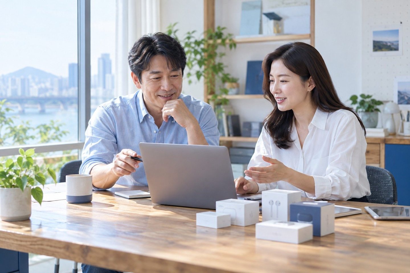 나란히 앉아 서류의 항목을 확인하는 두 사람 — PG 온라인 쇼핑몰 카드결제 당일 개통당일 개통, 넘기신 날의 하루를 미리 그려 드립니다.